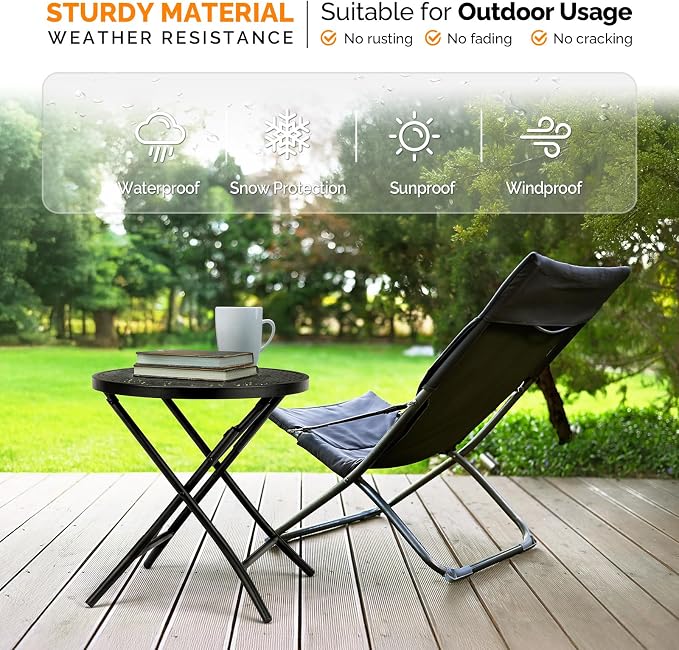18 Inch Folding Patio Side Table, Outdoor Metal Round Coffee Table with Flower Cutout Design, Portable Steel End Table for Garden, Balcony, Yard, Black