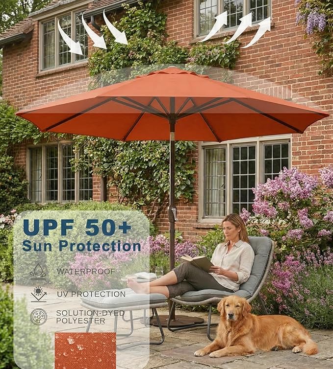 PatioKingdom 9FT Patio Outdoor Umbrella-UPF 50+ Sun Shade with Wind Vent, Push-Button Tilt & Smooth Crank Lift, Rust-Resistant Fiberglass Frame for Garden, Backyard,Yard (Orange)