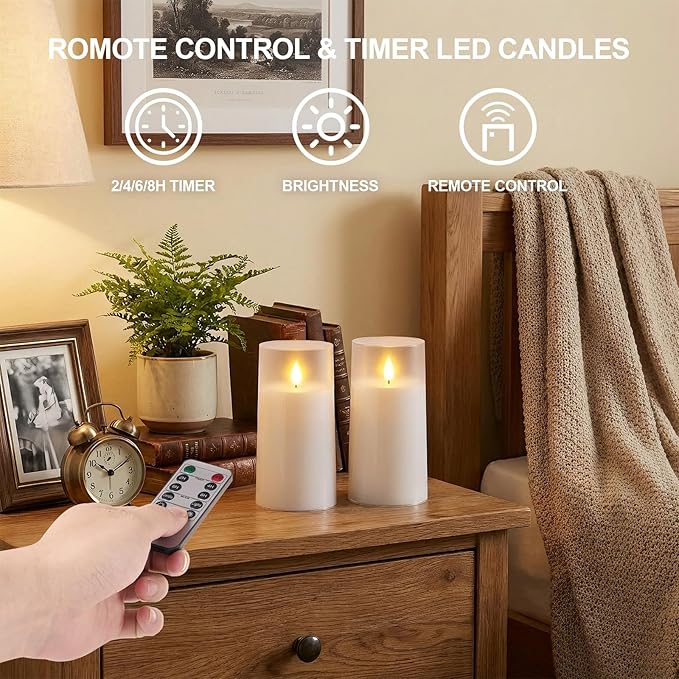 Homemory 3"×6" Battery Candles with Remote & Timer, White Acrylic Realistic Flickering LED Pillar Candles, Waterproof Fake Candle for Home and Lantern Decor, Set of 2