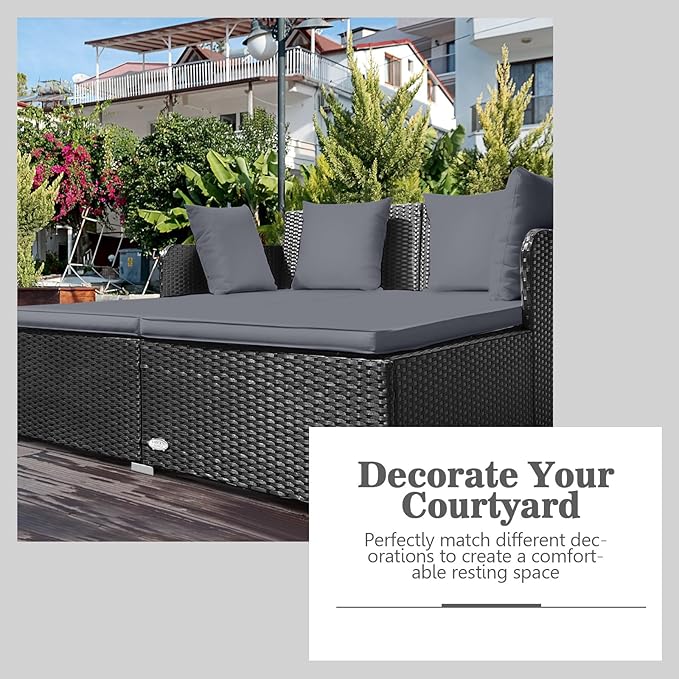 HAPPYGRILL Outdoor Rattan Daybed Patio Loveseat Sofa Set with Padded Cushion Pillows and Sturdy Aluminum Foot Wicker Patio Furniture for Garden Porch Poolside