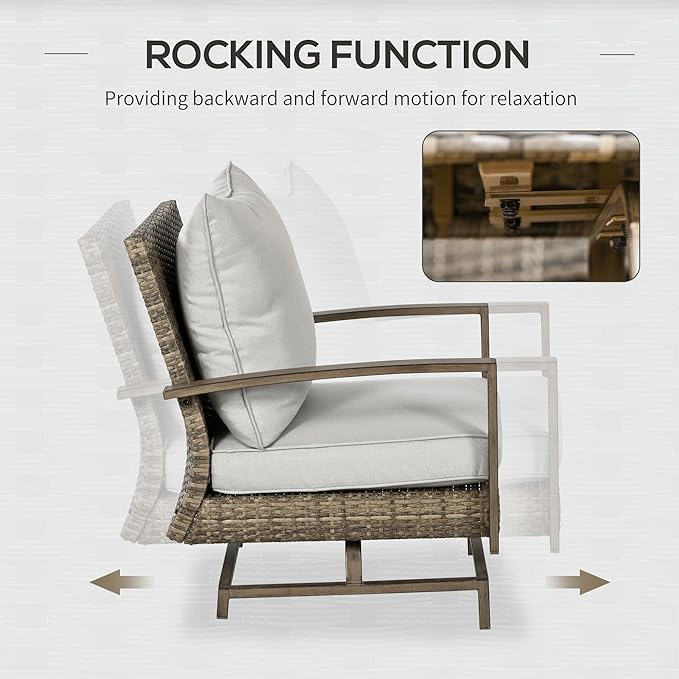 Outsunny 4 Piece Wicker Patio Furniture Set with 2 Rocking Chairs, Loveseat Sofa, Outdoor PE Rattan Conversation Set with Cushions, Aluminum Table for Porch, Poolside, Light Gray