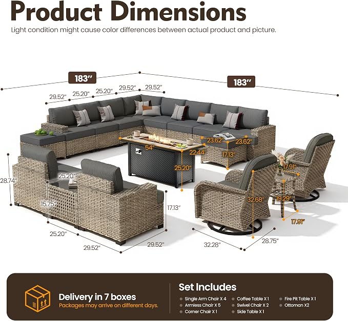 HOOOWOOO Sectional Patio Furniture Set with Fire Pit Table,17 Pieces Wicker Outdoor Furniture L Shaped Couch,Outside Conversation Set Extra Deep Sofa Wide Arm Swivel Chairs Ottoman Solar Light,Black