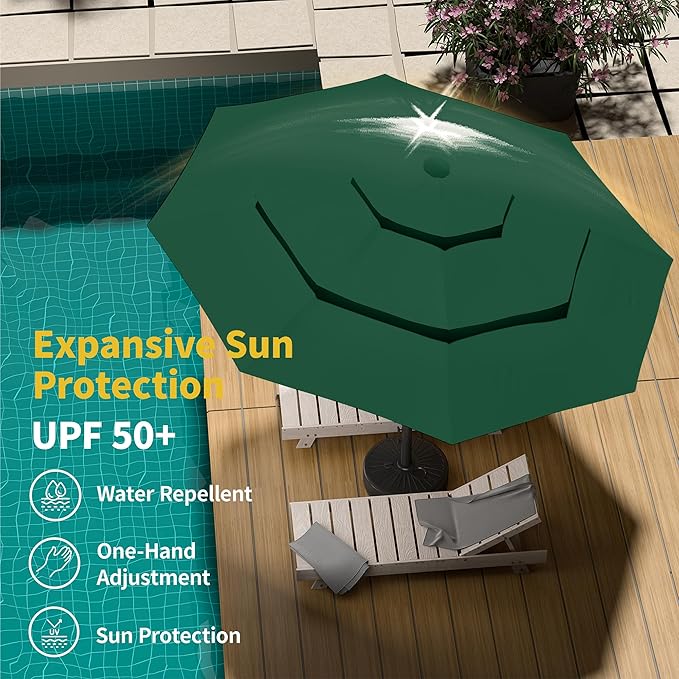 Kingdura 9ft 3-Tier Patio Umbrella with Solar Lights, Table Umbrella Outdoor Patio with Easy Crank & Tilt, 8 Sturdy Ribs, UV Protection, 32 LED Lights for Deck, Poolside, Market (Dark green)
