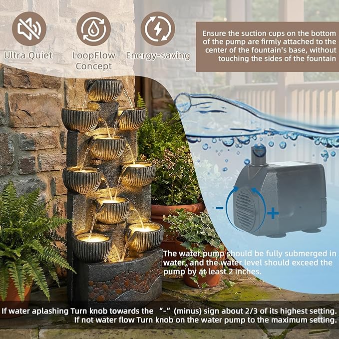 39.5" Tall Outdoor Water Fountain, 10-Tier Modern Floor-Standing Cascading Bowls Waterfall Fountain with Warm LED Lights, Resin Water Feature for Garden, Patio, Backyard, Porch and Home Décor