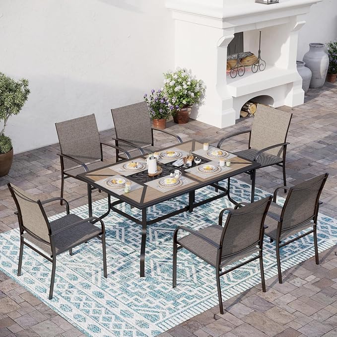 SUNSHINE VALLEY 61" Patio Dining Table for 6,Teak Color Rectangle Patio Table with Umbrella Hole,E-Coating and Powder Coating Steel Frame Metal Outdoor Patio Table for Garden Backyard Lawn Yard