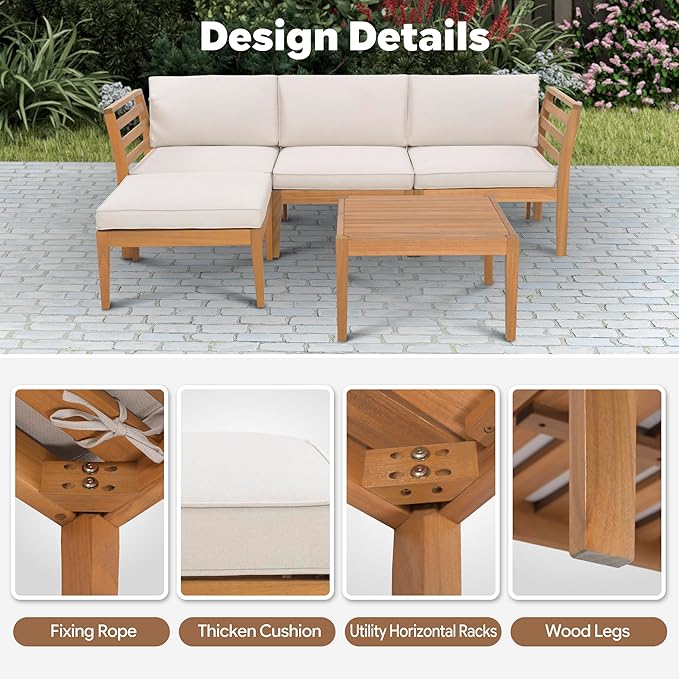 5-Piece Acacia Wood Patio Sectional Set, L-Shaped Outdoor Sofa Garden Couch with Coffee Table & Removable Cushions for Backyard, Deck, Beige