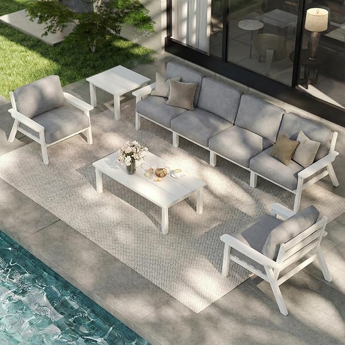 7 Piece Patio Furniture Set, HDPE Outdoor Sectional with Gray Washable Thick Cushions, Coffee Table & Side Table, Patio Conversation Sets for Lawn, Garden, Porch, Balcony (White Frame)