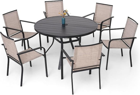 Anmutig 7-Piece Outdoor Dining Set, 48'' Round Table with 6 Stackable Chairs All Weather Furniture Set - Beige Grey