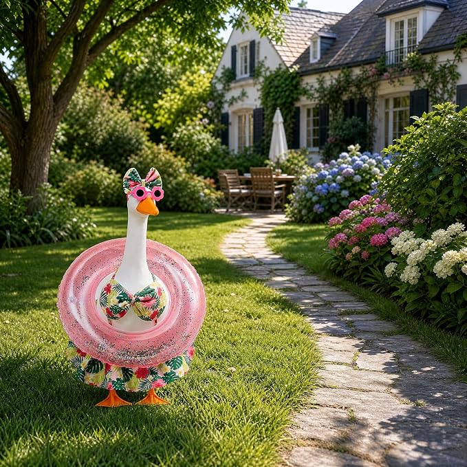 Summer Porch Goose Outfit with Sunglasses and Swim Ring for 23" Goose Statue Hawaiian Bikini Goose Outfits Porch Goose Clothes Costume for Garden Lawn Yard Decor(Hawaiian Flowers)