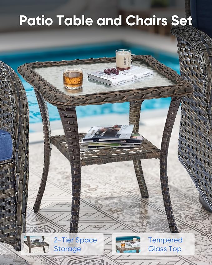 5 Pieces Outdoor Wicker Patio Furniture Set-High Back Outdoor Rocking Chairs Set of 2 with Ottoman Patio Conversation Sets for Deck Lawn Porch Balcony Poolside-Brown/Blue