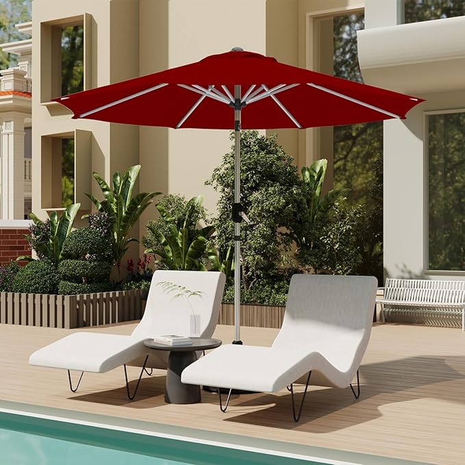 9FT Aluminum Outdoor Patio Umbrella, Fade-Resistant Market Umbrella with Push Button Tilt Function, 8 Sturdy All-Aluminum Ribs for Gardens, Patios, Backyards & Pools
