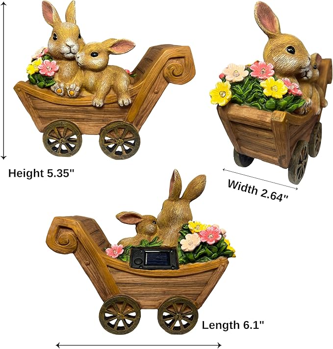 PRETMANNS Solar Garden Outdoor Statue Bunny Decor with Lights - Rabbit Lawn Ornament for Outside Yard Patio - Animal Figurines Gift for Mom Grandma - Waterproof Resin Garden Statues Outdoor - Medium