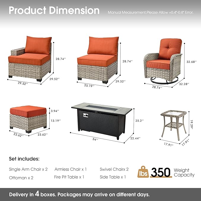 Rattan Patio Furniture Set with Fire Pit Table,9 Pieces Outdoor Sectional with Swivel Chairs Ottoman,Out Door Furniture Conversation Set,Orange Red