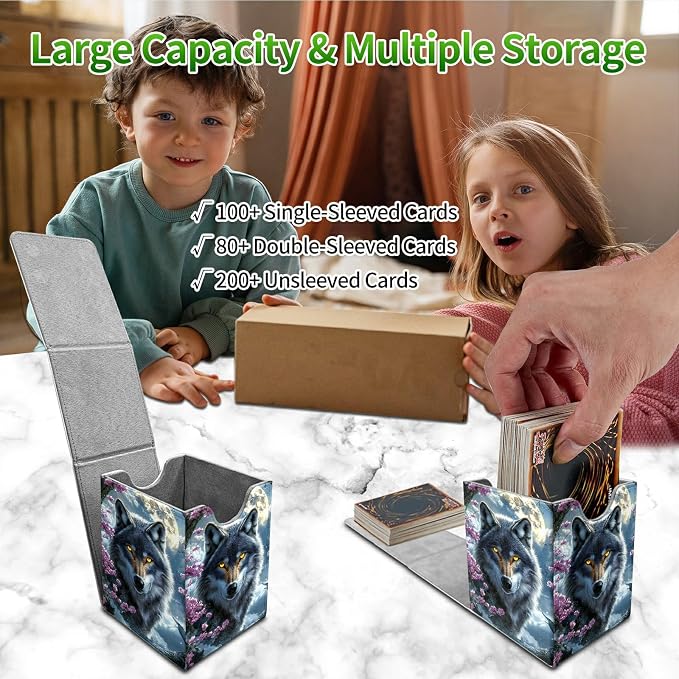 Cherry Blossom Gray Wolf Card Deck Box for MTG, Personalized Card Storage Case Fits 120+ Sleeved Cards, Premium Leather TCG Box with Strong Magnetic Closure for Magic, PTCG, Baseball Cards