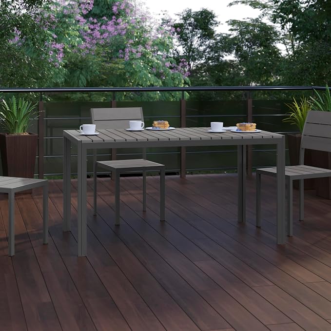 Flash Furniture Finch Commercial Grade Outdoor Dining Table 55" x 31" with Faux Teak Poly Slats and Metal Frame, Gray/Gray