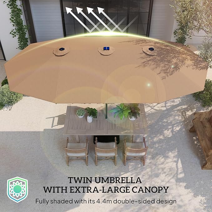 Outsunny 14.4ft Large Patio Umbrella with 36 Solar LED Lights, Double Sided Outdoor Umbrella with Base Included
