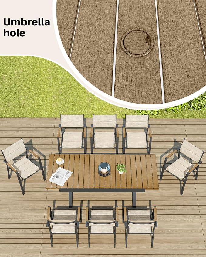 Teak Expandable Outdoor Dining Table for 8, Never-Rust Aluminum Patio Dining Table, 63''-83'' X-Shaped Extendable Dining Table with Umbrella Hole for Garden Porch Deck Indoor or Outdoor Meals