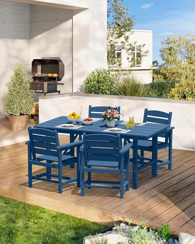 PLUUV 66" Outdoor Dining Table, All-Weather HDPE Rectangular Patio Table with 2” Umbrella Hole, Weatherproof, Navy Blue
