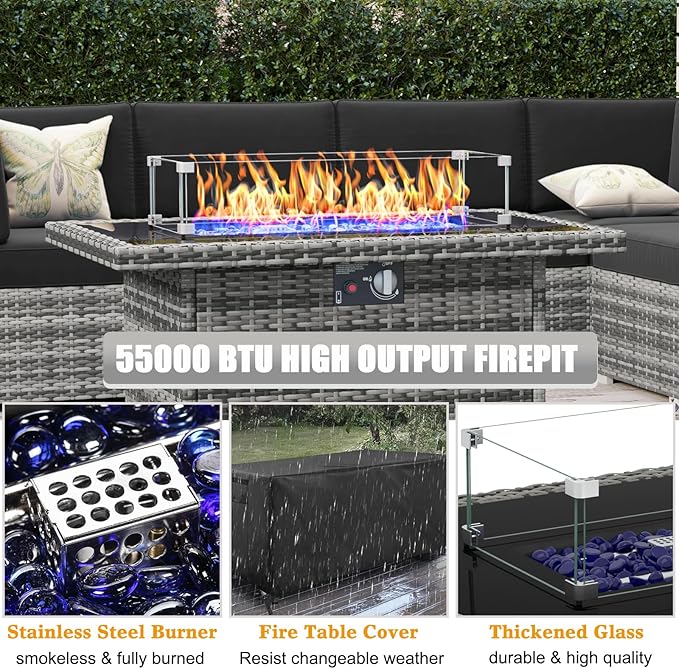 LayinSun 8 Piece Patio Furniture Set with Fire Pit Table, Outdoor Conversation Sets Wicker Rattan Sectional Sofa with Coffee Table