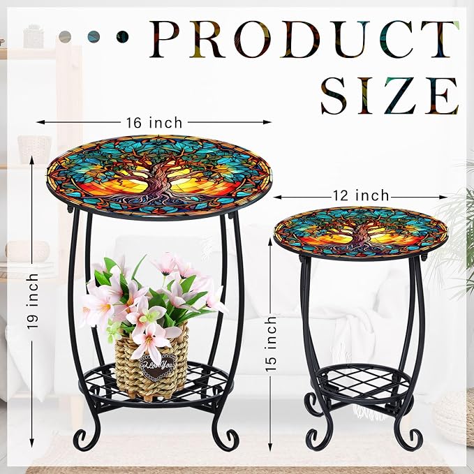 Cinnvoice 2 Pcs Outdoor Side Table Small Patio Round Mosaic Accent End Table Indoor Plant Metal Coffee Tea Tables for Patio Yard Porch Garden Living Room(12" and 16",Tree of Life)