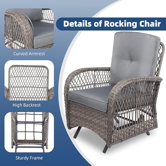 Outdoor Wicker Glider Rocker Chair Set of 2, Patio Rattan Gliding Rocking Chairs with Thickened Cushions, All-Weather Wicker Furniture Sets for Porch Garden & Backyard, Gray