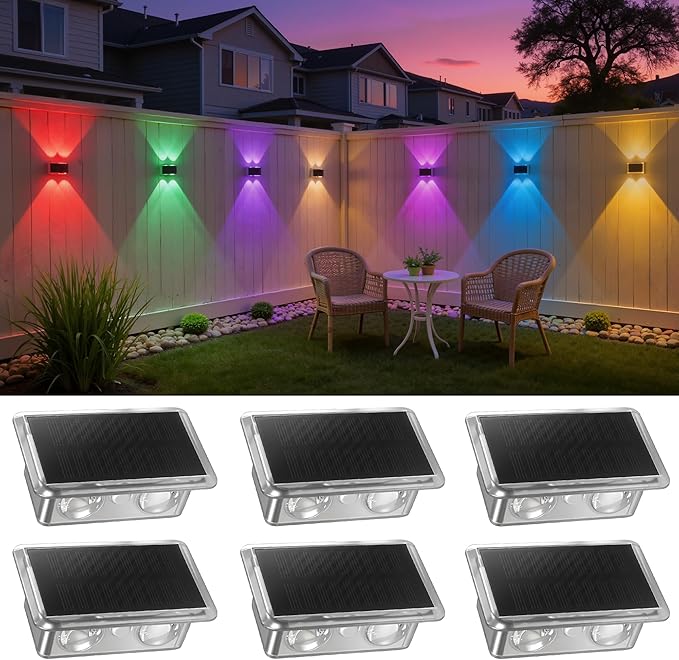 L LOHAS LED Solar Fence Lights Outdoor,8 Modes RGB Fence Lights Solar Powered, IP65 Waterproof Outdoor Step Light for Step Backyard Deck Wall Pathway Patio(6 Pack)