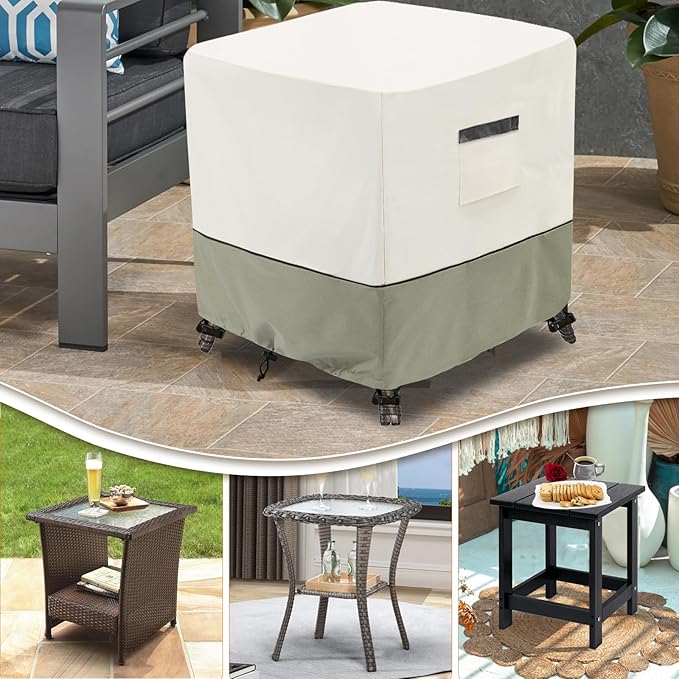 Waterproof Outdoor Ottoman Cover Square,600D Heavy Duty Patio Small Side Table Cover,Patio Furniture Covers for End Table 25" W x 25" D x 18" H,Beige