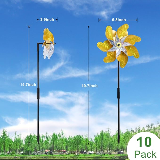 10 Pack Pre-Assembled Pinwheels for Yard and Garden, Gold/Silver | Wind Spinner Measures 19.7'' H x 6.8'' W, Reflective Surface Sparkles In Sunlight, Connect Stakes For Yard, Garden Or Lawn
