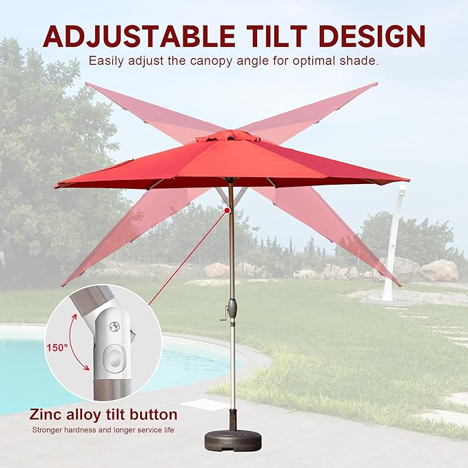 Domi 10FT Patio Umbrella Outdoor Market Umbrella with Silver Aluminum Pole, UV Resistant Canopy, Wind Vent, Tilt & Crank System, Perfect for Patio, Garden, Deck, Pool, Outdoor Dining, Red