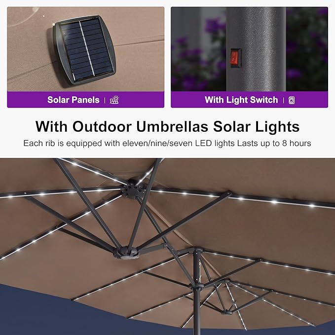 PURPLE LEAF 14ft Patio Umbrella with Solar Lights Outdoor Double-Sided Market Umbrella with Base Included Rectangle Table Umbrella for Pool Garden Backyard, Taupe