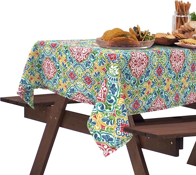 DYTXIII Outdoor Rectangle Tablecloth with Umbrella Hole and Zipper 84" x 60", Water Repellent Floral Picnic Cover, Fade & Wrinkle Resistant Tablecloth for Patio/Garden/Party Table, Damask Red
