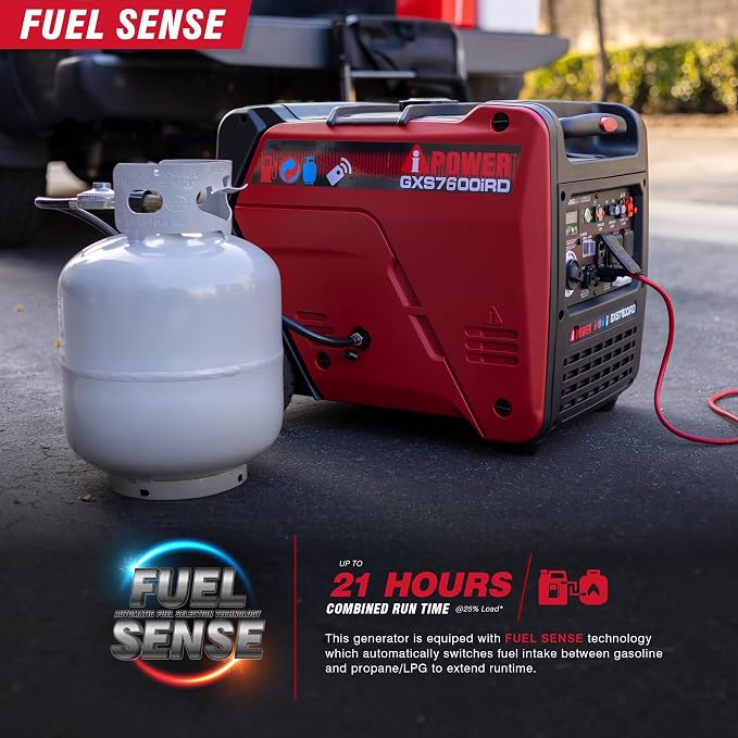A-iPower 7600-Watt Dual Fuel Inverter Generator Remote Start, Power Supplies with 322cc OHV Engine, CO Sensor, Gas and Propane Powered, for Backup Home Use, Tailgating, RV, Power Outages(GXS7600iRD)