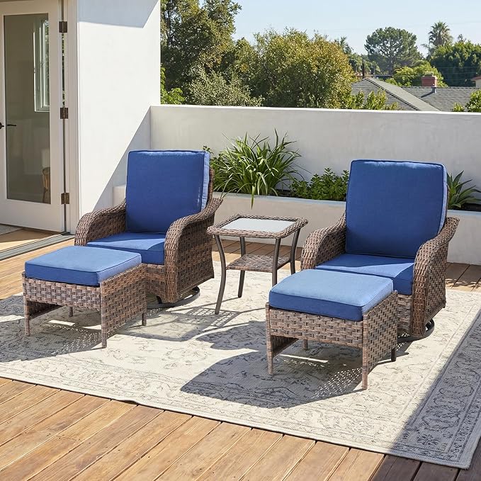 Patio Furniture Set - 5 Pieces All Weather Wicker Outdoor Furniture with 2 Swivel Chairs, 2 Ottomans and Side Table, Ergonomic Design for Porch, Deck, Balcony, Garden, and Backyard(Blue)