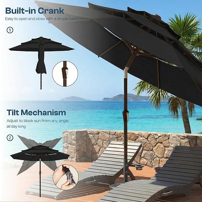 10ft Patio Umbrella, 3 Tier Outdoor Market Table Umbrellas with 8 Fiberglass Ribs and Push Button Tilt, Windproof, Vented Canopy, UV Protection for Deck, Pool, Backyard