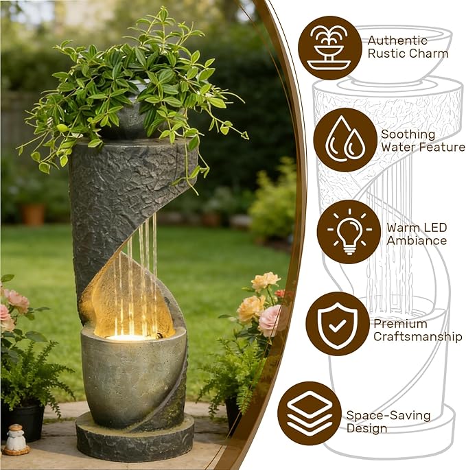 Sunlinua Outdoor Water Fountain with LED Light, Modern Spiral Tiered Outdoor Fountain with Stone Planter Curved Freestanding Waterfall Fountains for Garden Patio Deck Porch