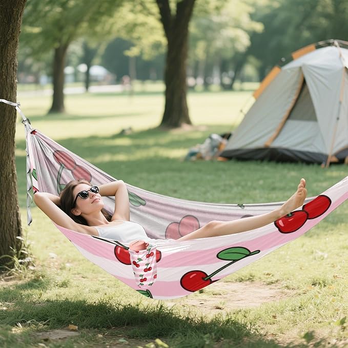 Pink White Striped Fruit Cherry 330lb Capacity Outdoor Hammocks with Hanging Rope Fabric Hammock for Outside Camping Essentials hamacas para adultos