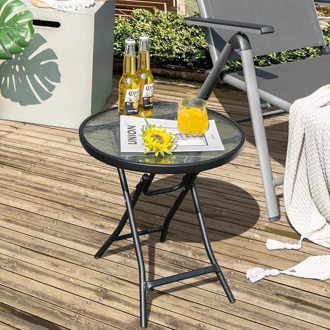 HAPPYGRILL Outdoor Side Table, Folding Small Patio Table with Tempered Glass Tabletop, Steel Frame, Round Outdoor End Table with Anti-Slip Footpads for Balcony Garden Backyard Deck Poolside