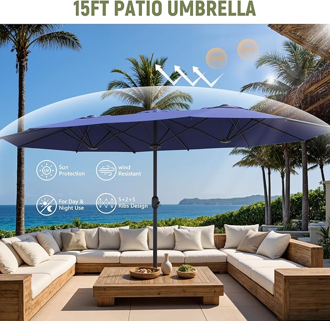 15ft Double-Sided Outdoor Patio Umbrella, Table Umbrellas with Steel Ribs, Easy Crank, Market Umbrella for Backyard & Pool