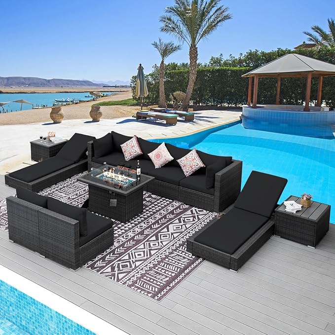 NICESOUL 11 Piece Outdoor Patio Conversation Set with Fire Pit Natural Gas/Propane, 29.3'' High Back Sectional Furniture w/Chaise Lounge, Deep Large Seating Sofa Couch, 2 Color Cushion Black & Gray