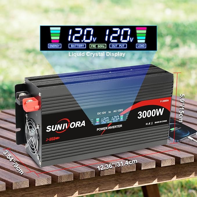 3000 Watt Power Inverter 12V DC to 110V/120V AC Converter 6000W Peak with LCD Display, 3 AC Outlets & 2 USB Ports Power Inverters for Vehicles Car Truck Boat RV Camping Solar System EPS