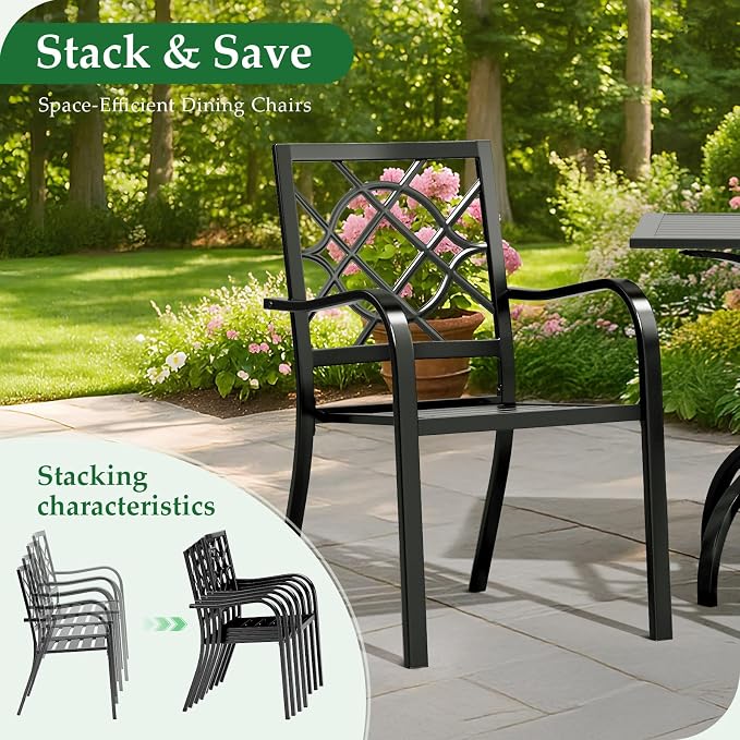 Oakcloud 2 Pieces Patio Wrought Iron Chairs, Metal Outdoor Dining Chair, Stackable Dining Chairs with Armrest for Garden Backyard, 300 LBs, Black