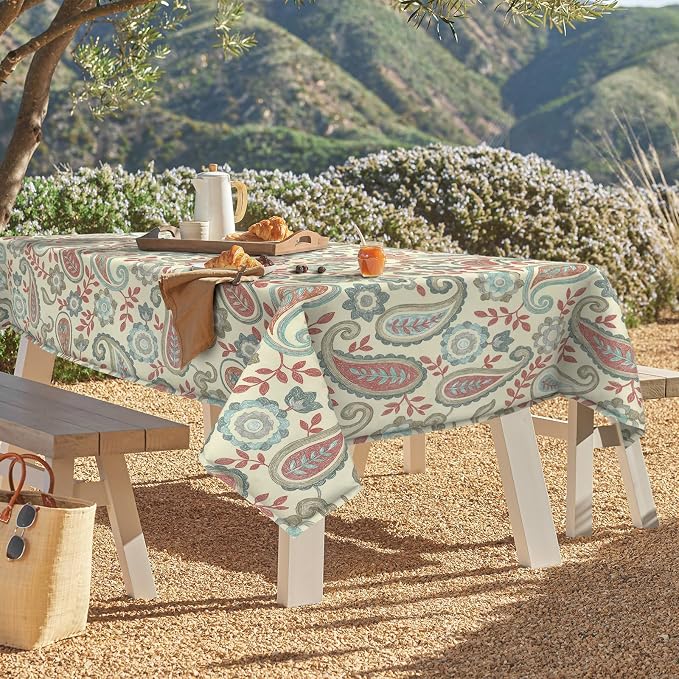 DYTXIII Outdoor Rectangle Tablecloth with Umbrella Hole and Zipper 84" x 60", Water Repellent Floral Picnic Cover, Fade & Wrinkle Resistant Tablecloth for Patio/Garden/Party Table, Paisley Vintage