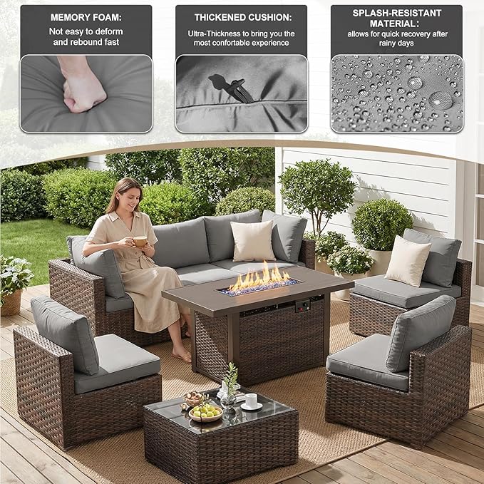 8 Pieces Patio Furniture Sets Outdoor Sectional Sofa with 44'' Propane Rattan Wicker Firepit Table, Patio Sectional Conversation Set with Cushions for Backyard, Poolside, Garden Grey