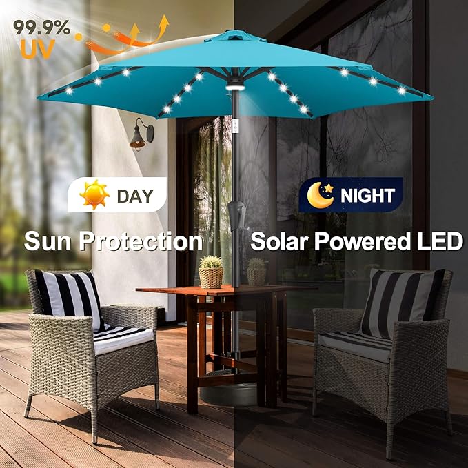FLAME&SHADE 7.5 FT Solar Light Patio Umbrella, 24 LED Lights Outdoor Umbrella with Centre Surround Light, Table Umbrella Outdoor Patio for Deck, Pool, Backyard, Garden, UV Protection (Aqua Blue)