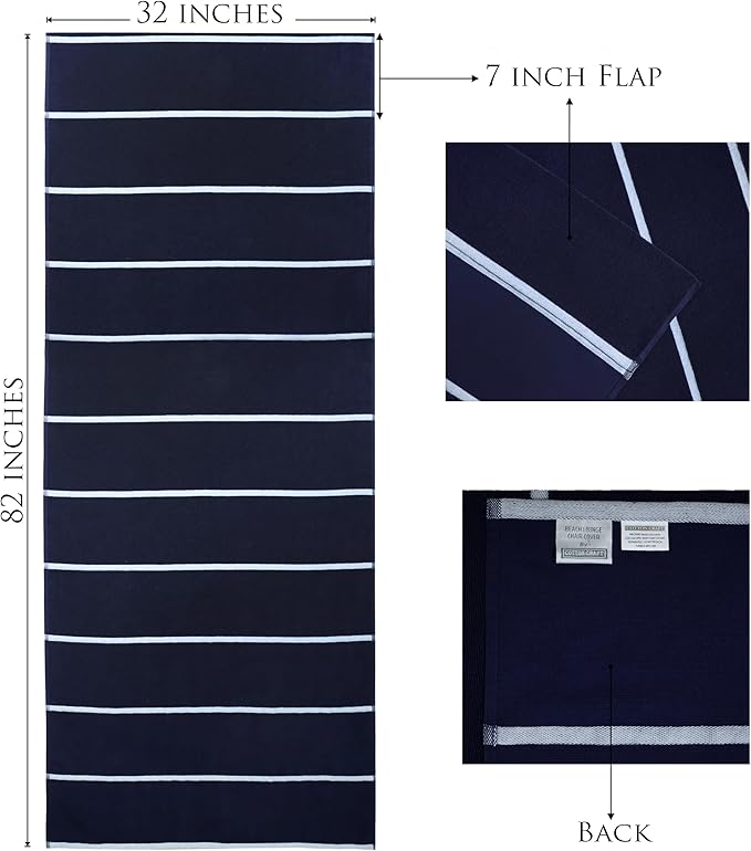 COTTON CRAFT Pool Lounge Chair Cover - 2 Pack Terry Towel Chaise Lounge Cover - Soft Cotton Absorbent Horizontal Stripe Beach Chair Towel - Oversized 32 W x 82 L x 7 inch Pocket - 450 GSM - Blue