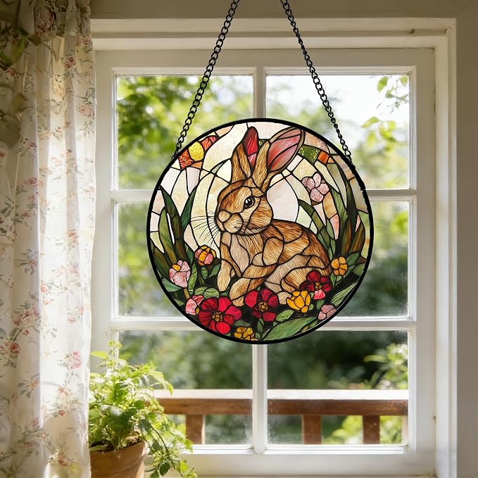 Stained Glass Window Hanging, Cute Bunny Flowers Sun Catcher for Window Door Home Decor, Rabbit Suncatcher Christmas Mother's Day Birthday Gifts for Women Men Mom and Nana 6.3 in