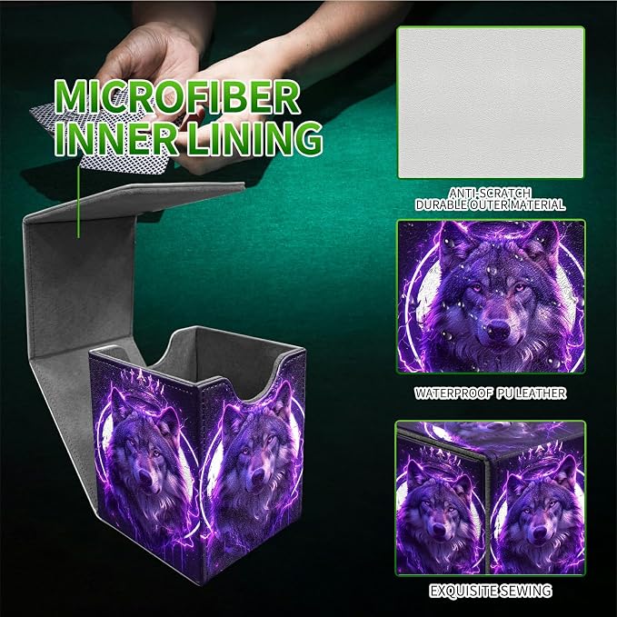 Cool Wolf Purple Card Deck Box for MTG, Personalized Card Storage Case Fits 120+ Sleeved Cards, Premium Leather TCG Box with Strong Magnetic Closure for Magic, CCG, PTCG, Baseball Cards