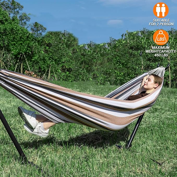 Portable Hammocks with 450 lbs Weight Capacity, Double Hammocks with Portable Carry Bag and Space Saving Stand, Adult Hammock for Outdoor, Patio, Garden, Yard