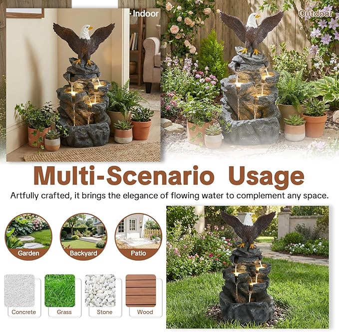 HOMEDIARY 37" H Outdoor Water Fountain, 4-Tier Cascading Waterfall Fountain with LED & Adjustable Pump, Garden Water Feature with Bald Eagle Statue, Natural Rock Finish for Patio, Backyard & Indoor