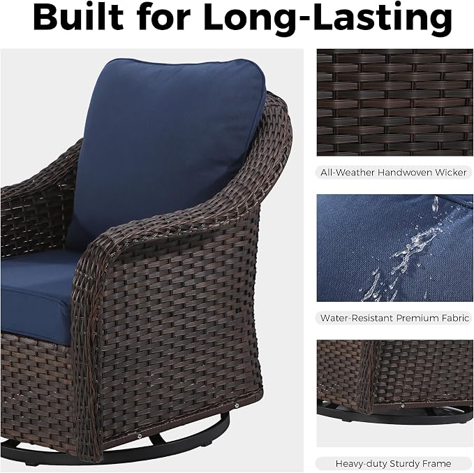 5 Piece Patio Wicker Conversation Set, All-Weather Use Outdoor Wicker Loveseat with 2 PE Rattan Ottomans,2 Swivel Chair, Ideal for Porch, Backyard, Balcony, Poolside, Blue